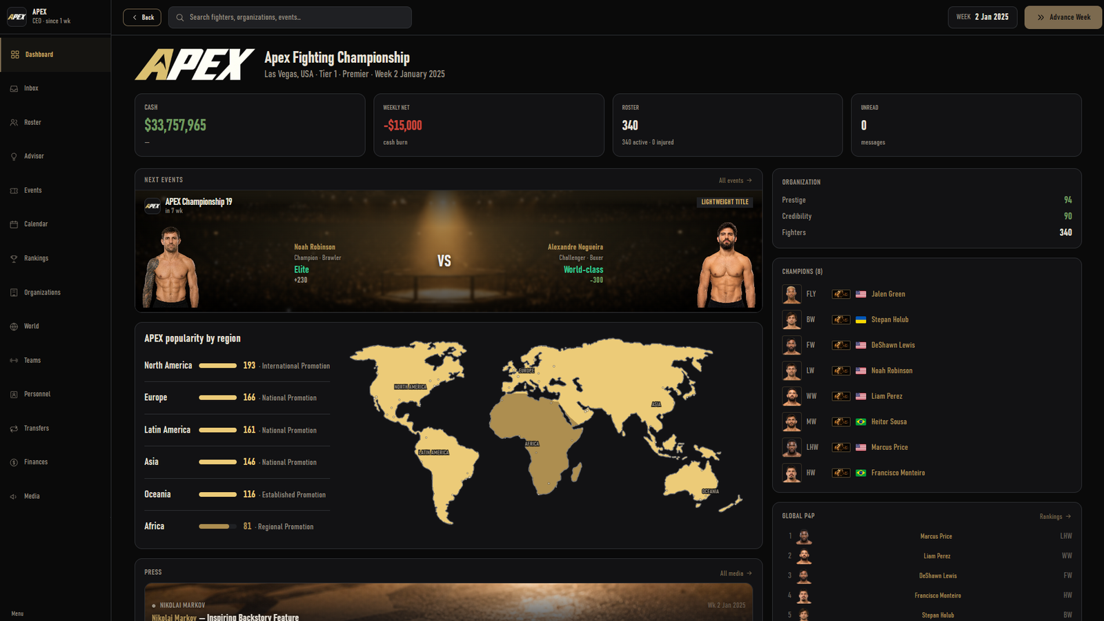 The dashboard. APEX Fighting Championship, week two.