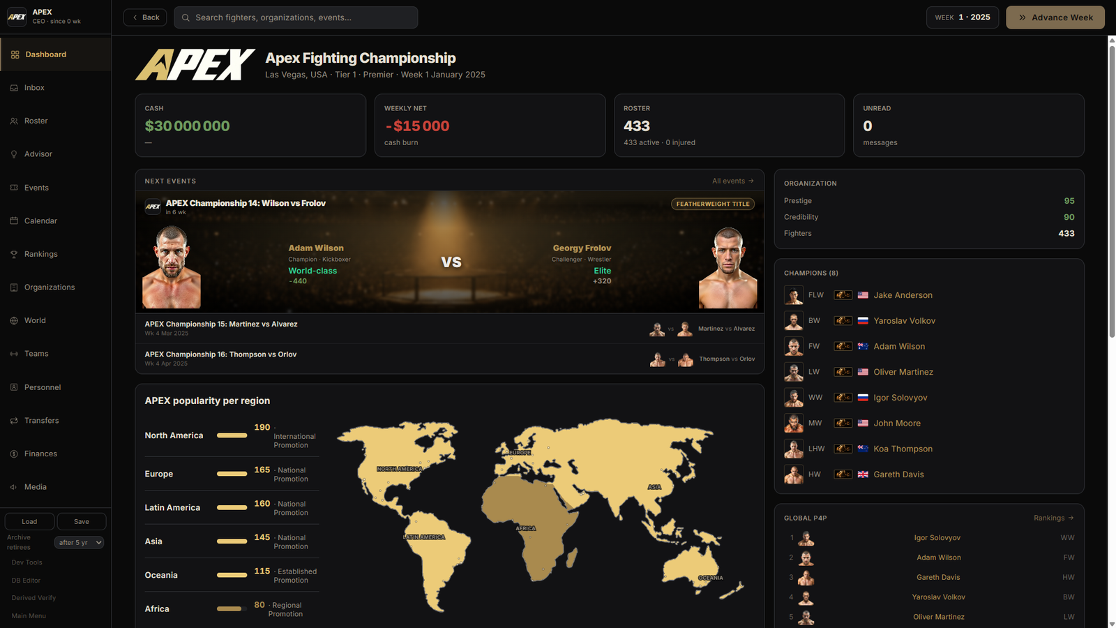 The dashboard. APEX Fighting Championship, week 1.
